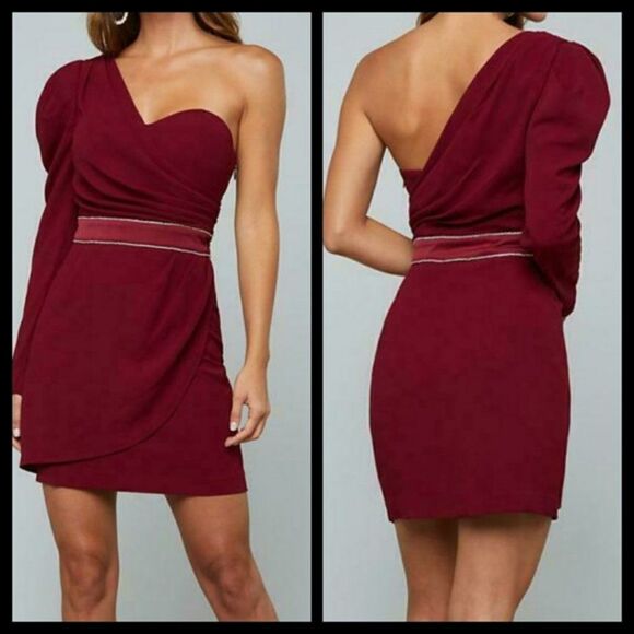 Bebe Burgundy One Shoulder Mini Dress Size 10 NWT - Picture 1 of 4